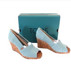 NEW TOMS Blue Espadrille Wedge Peep Toe Sandals Size 5.5 Denim
